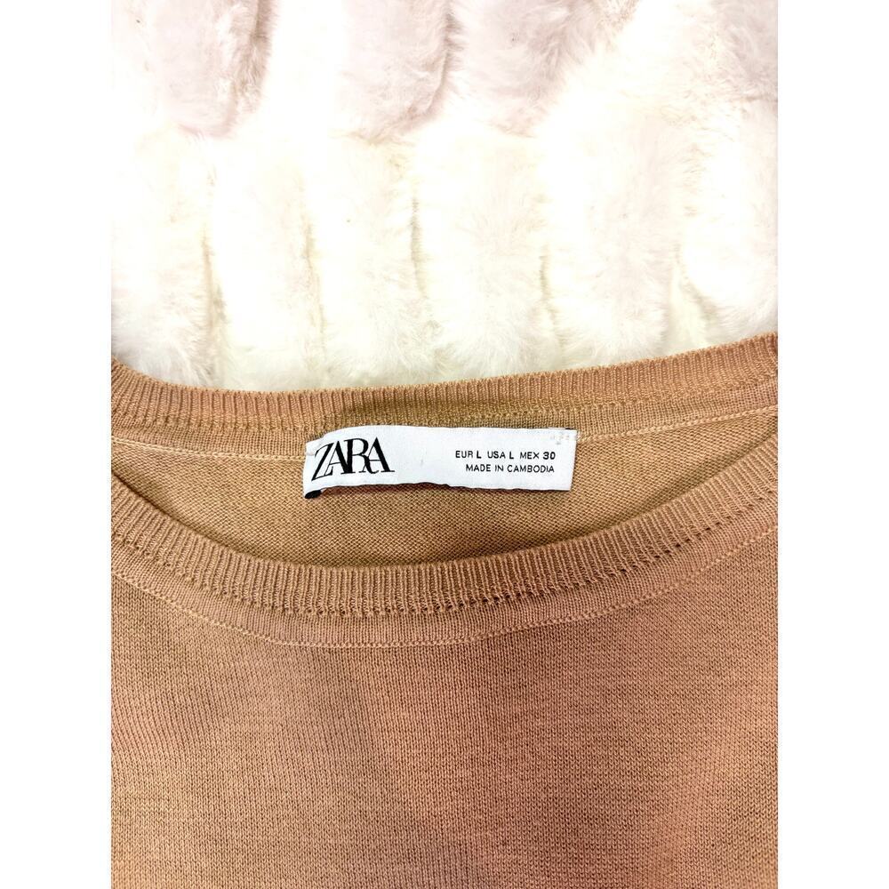 Zara Basic Knit Long Sleeve Blouse | Women's Large | Tan | Crew Neck Top - Picture 6 of 7